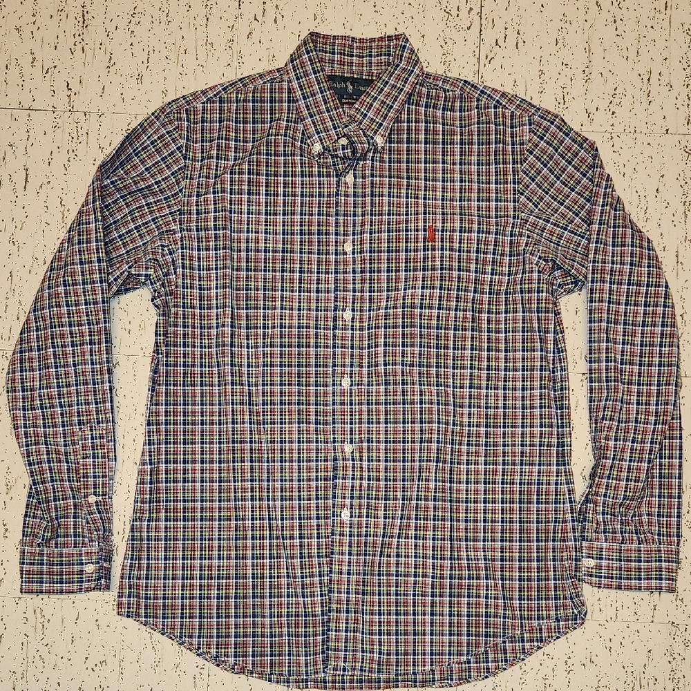 Ralph Lauren Plaid Multi Color Button Down Long Sleeve Dress Shirt Vintage 90s